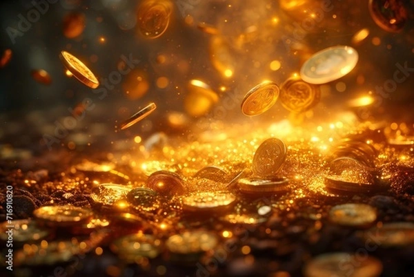 Fototapeta Step into opulence with our casino gold coin explosion illustration capturing the excitement of a realistic game win, where treasures abound.