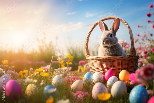 Obraz Ostereierkorb in einem Blumenfeld mit Osterhase