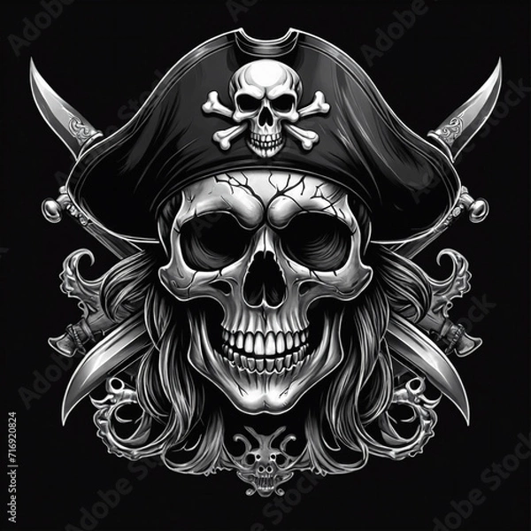 Fototapeta Skull pirates tattoo design dark art illustration isolated on black background