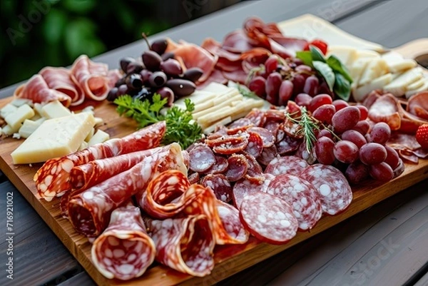 Fototapeta Slicing sausage and cheese in a restauran