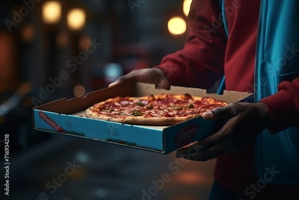 Obraz A male deliveryman holds a pizza box in his hands. Express delivery of Italian food. Close-up view.