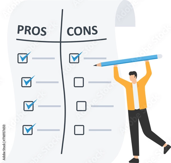 Fototapeta Pros and cons comparison for making business decisions, Positive and negative analysis, information list, Listing business pros and cons to consider benefits

