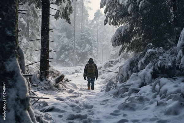 Fototapeta Man walking through a snowy forest