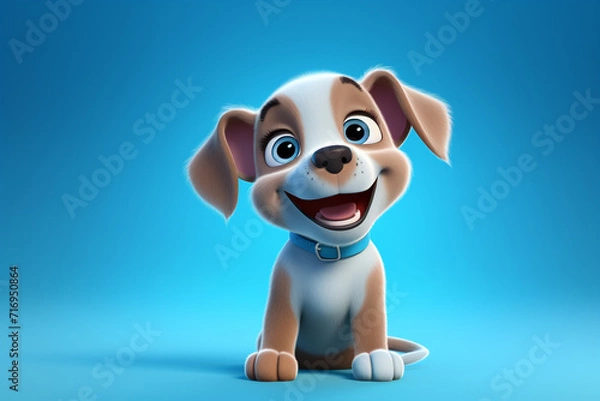 Fototapeta Funny puppy on a blue background. 3d rendering illustration.