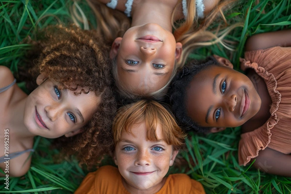 Obraz Top view of four smiling children, around 13 years old, lying on green grass with their heads close together.