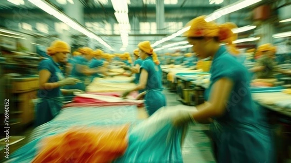 Fototapeta Generative AI, asian textile sewing factory with many workers, motion blurred photo