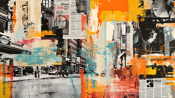 Fototapeta A socially conscious collage featuring newspaper clippings and urban imagery reflecting on modern societal issues.