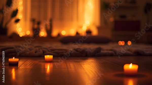 Fototapeta A soothing yoga nidra session in a dimly lit comfortable studio.