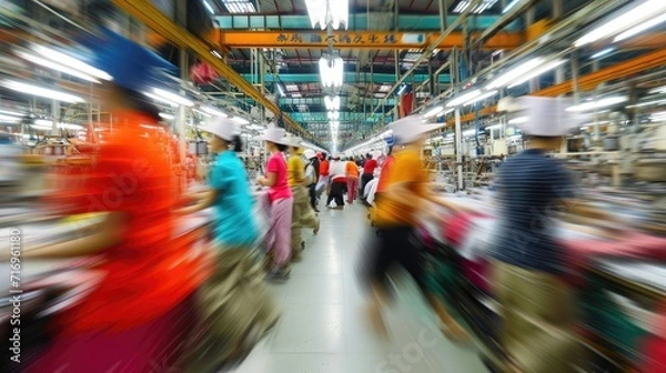 Fototapeta Generative AI, asian textile sewing factory with many workers, motion blurred photo