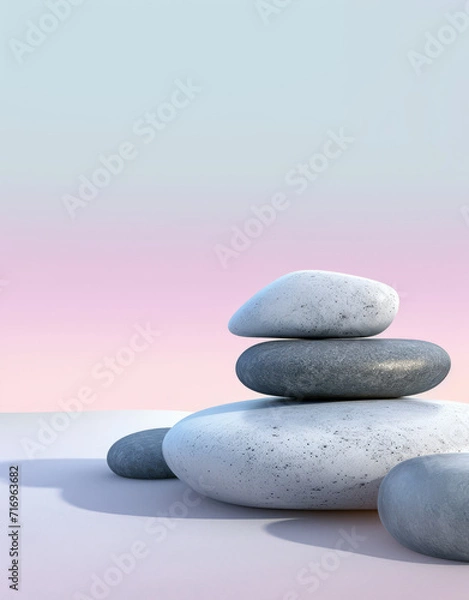 Fototapeta Assorted pebbles lined up against a colourful gradient background, peaceful and calming.