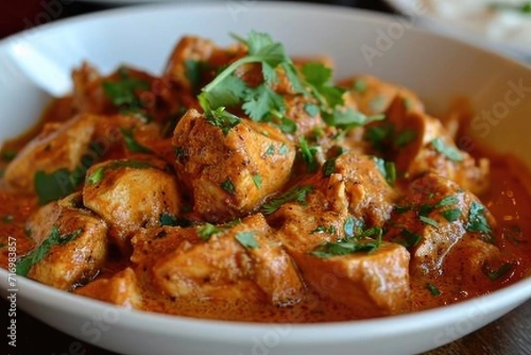 Fototapeta Chicken Tikka Masala made of chicken breast cubes, tomato paste, cream, buttter, cup fresh chopped cilantro, chopped onion, yogurt served in white plate, coriander leaves