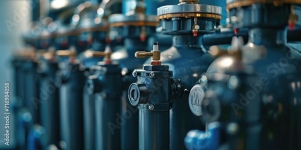 Fototapeta A row of blue fire hydrants lined up next to each other. This image can be used to illustrate fire safety or urban infrastructure
