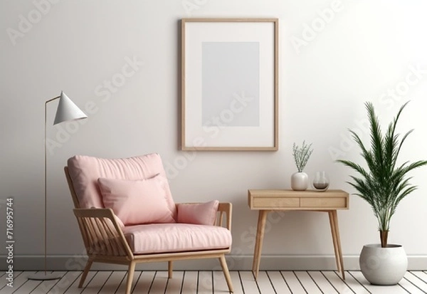 Fototapeta white photo frame on the wall with sofa chair and table