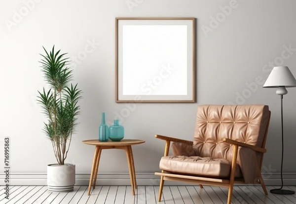 Fototapeta white photo frame on the wall with sofa chair and table