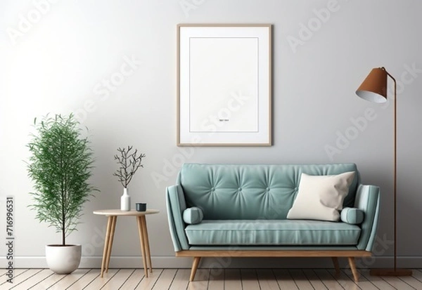 Obraz white photo frame on the wall with a sofa and table