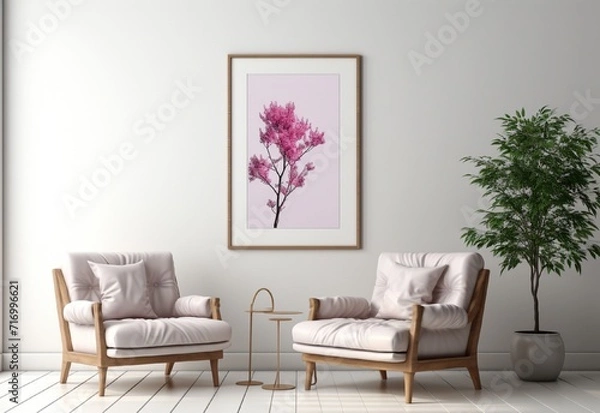 Fototapeta white photo frame on the wall with sofa chair and table