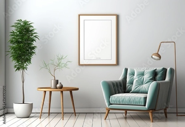 Fototapeta white photo frame on the wall with sofa chair and table