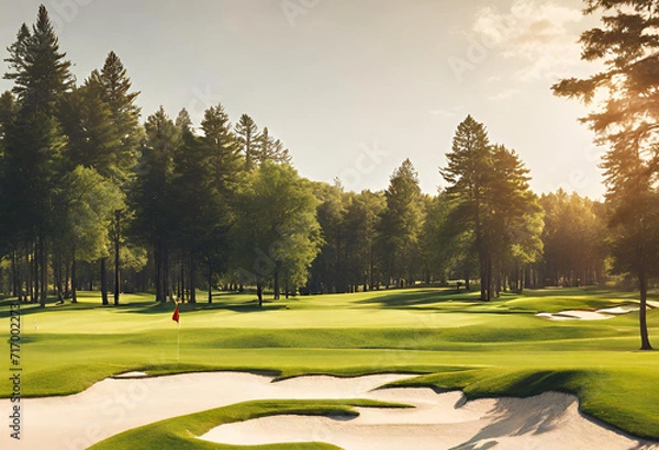 Obraz Sunny Escapes: Enjoying a Perfect Day at the Resort Golf Course with Ideal Weather, Stunning Course Layout, and Golfers Delighting in the Scenic Green – Golf Cart Leading the Way