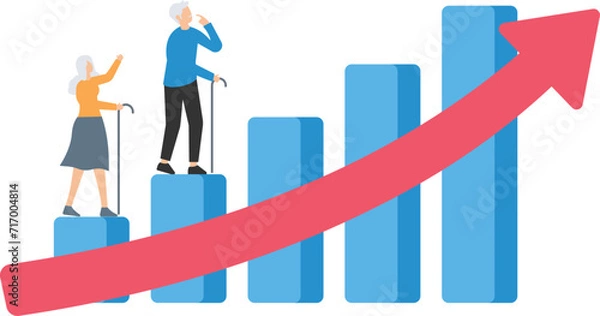 Fototapeta Aging society, world population aging problem, workforce crisis by low birth rate compare to senior elderly or retiree increase, elderly senior couple walk up rising, increasing graph of aged citizen.