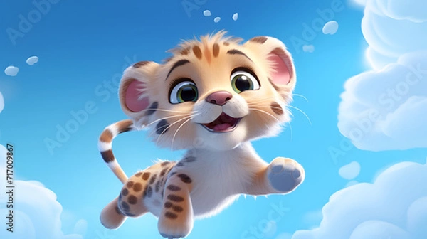 Fototapeta Leopard is a small young beautiful red spotted kitten, smart, with big eyes, cheerful, cartoon character