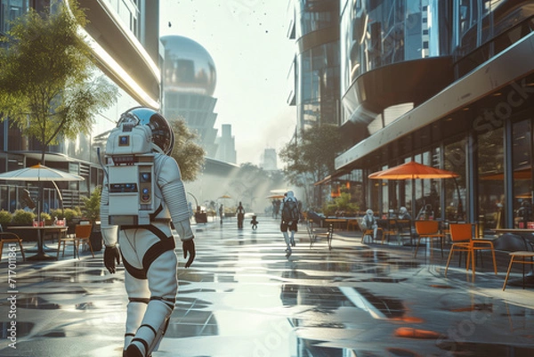 Obraz Spaceman human in a space suit walkking in a modern city