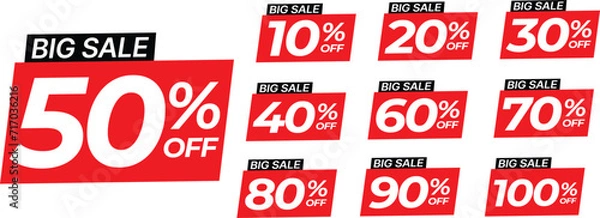 Obraz Trendy big sale red label different clearance value set. 10, 20, 30, 40, 50, 60, 70, 80, 90, 100 percent price cut out badge vector illustration isolated on white background, Discount price tags.