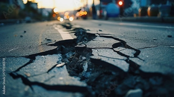 Fototapeta Ground shaken: Cracks in the road tell the story of earthquake aftermath.