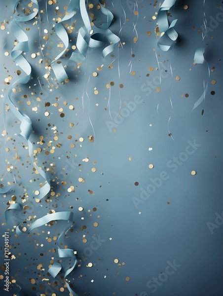 Fototapeta Confetti, golden glitter, and party streamers on soft pastel blue background with copy space. Minimalist festive texture. Simple, modern holiday abstract. Celebration, birthday decor.
