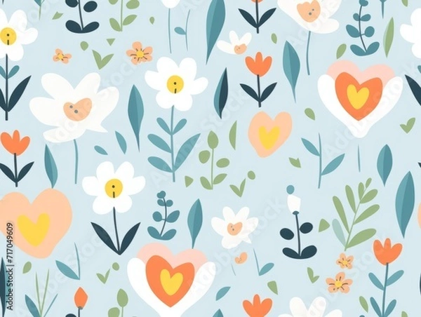 Fototapeta Flat vector pastel pattern heart and flower design