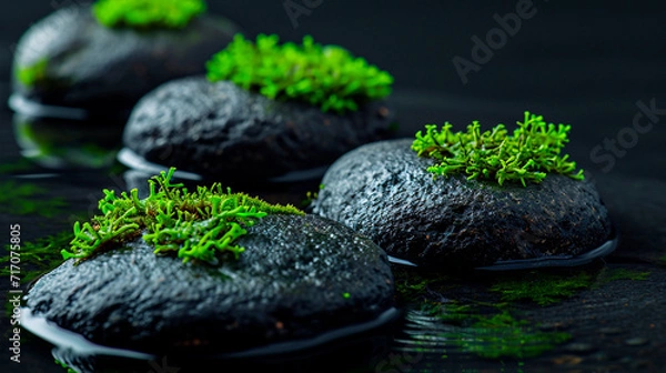 Fototapeta Stones covered with moss on a black background. Selective focus.