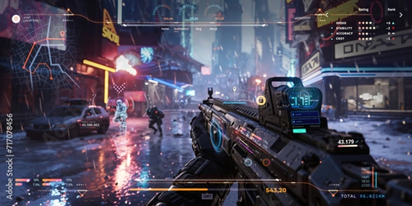 Fototapeta action shooter AAA videogame gameplay with information datum design for console or web 3.0 playing to earn gaming crypto tokens and cryptocurrency project future as wide banner UI