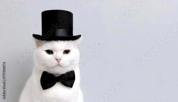 Obraz white cat wearing black top hat and bowtie on light gray background, simple wallpaper / background with text space