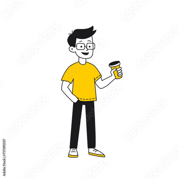 Fototapeta Guy with glasses stands with glass of coffee and his hand in his pocket. Freelancer or programmer at a coffee break. Isolated cartoon flat linear black and yellow illustration on white background