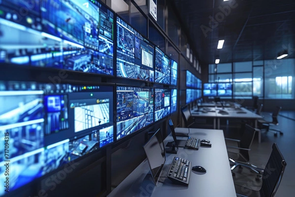Fototapeta Industry 4.0 Modern Factory: Security Control Room with Multipoke Computer Screens Showing Surveillance Camera Footage Feed. High-Tech Security.