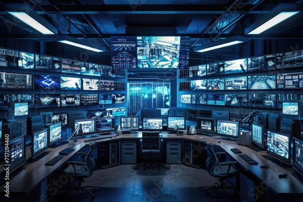 Obraz Industry 4.0 Modern Factory: Security Control Room with Multipoke Computer Screens Showing Surveillance Camera Footage Feed. High-Tech Security.