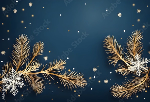 Obraz Winter background with pine branches on dark blue background.