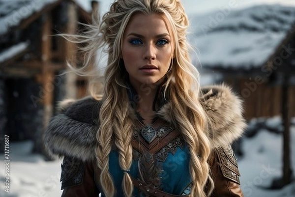 Fototapeta A fierce nord  warrior stands tall in the snowy landscape of skyrim, her long blonde hair whipping in the wind as she gazes out with piercing blue eyes.