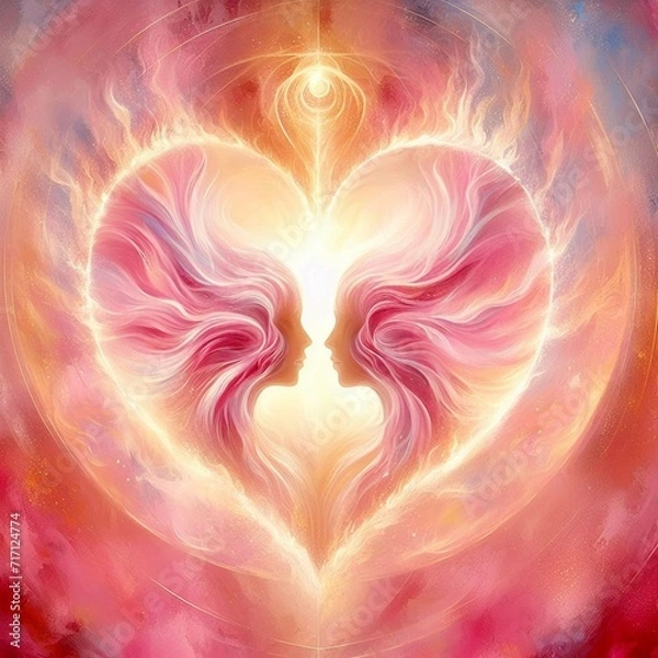 Obraz Twin flame couple. Soulmates. The concept of magical, esoteric, tantric, spiritual love. Connection between souls. Illustration for websites and much more. Created using generative ai tools.