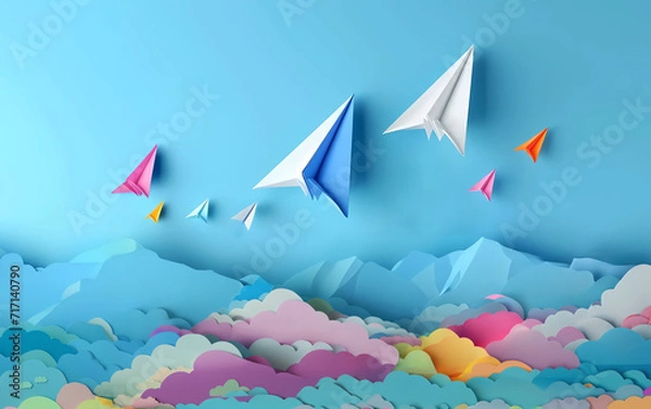 Fototapeta Colorful paper cut airplanes flying above the rainbow colored clouds and mountains with a blue sky background. origami paper cut art style. 