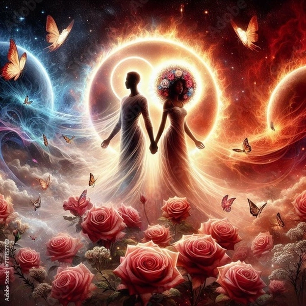 Fototapeta Twin flame couple. Soulmates. The concept of magical, esoteric, tantric, spiritual love. Connection between souls. Illustration for websites and much more. Created using generative ai tools.