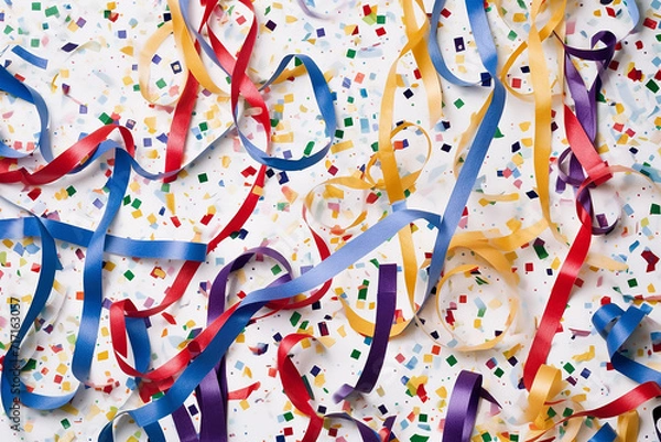 Fototapeta Colorful streamers and confetti scattered over a surface, suggesting a celebration or party atmosphere.