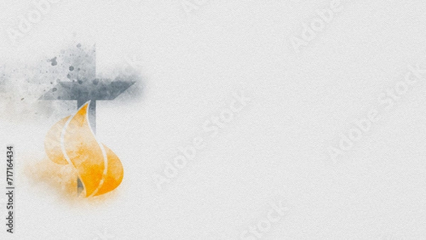 Obraz Pentecost Holy Spirit Sunday banner with cross in flame in watercolor style. Background for presentation slides.