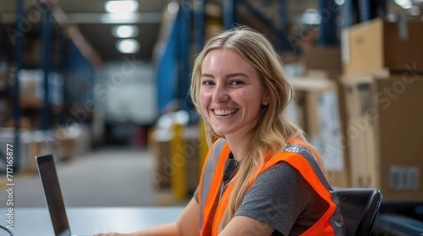 Fototapeta Happy smiling blonde woman wearing a vest with reflective stripe in light warehouse worker sitting at desk with her laptop smiling at camera with toothy smile at logistic centre
