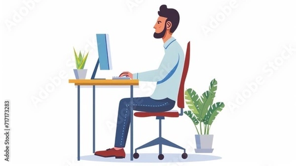 Obraz Instruction for correct pose during office work flat vector illustration. Cartoon worker sitting at desk with right posture for healthy back and looking at computer. Health and ergonomics concept