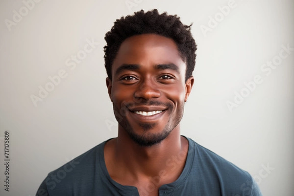 Fototapeta Portrait of a 30 year old African American man in casual dress smiling and looking at the camera. Isolated, white background. Generative AI