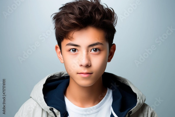 Fototapeta Portrait of a 15 or 16 years old asian teenager smiling and looking at the camera. Isolated, white background. Generative Ai.