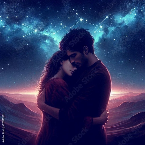 Obraz Twin flame couple. Soulmates. The concept of magical, esoteric, tantric, spiritual love. Connection between souls. Illustration for websites and much more. Created using generative ai tools.