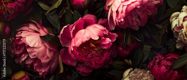 Obraz Antique wallpaper of colorful peonies. Rococo style and chiaroscuro lighting. Versailles style. Vibrant resource background.