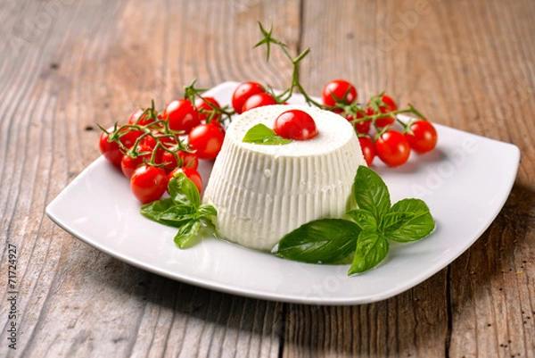 Obraz Ricotta with basil and cherry tomatoes
