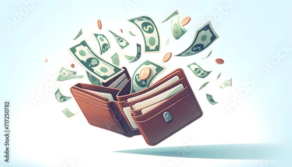 Fototapeta Dynamic Explosion of Wealth Concept - Stylized Illustration of Brown Leather Wallet with Flying Money, Bills and Coins in Mid-Motion, Representing Financial Success and Sudden Windfall